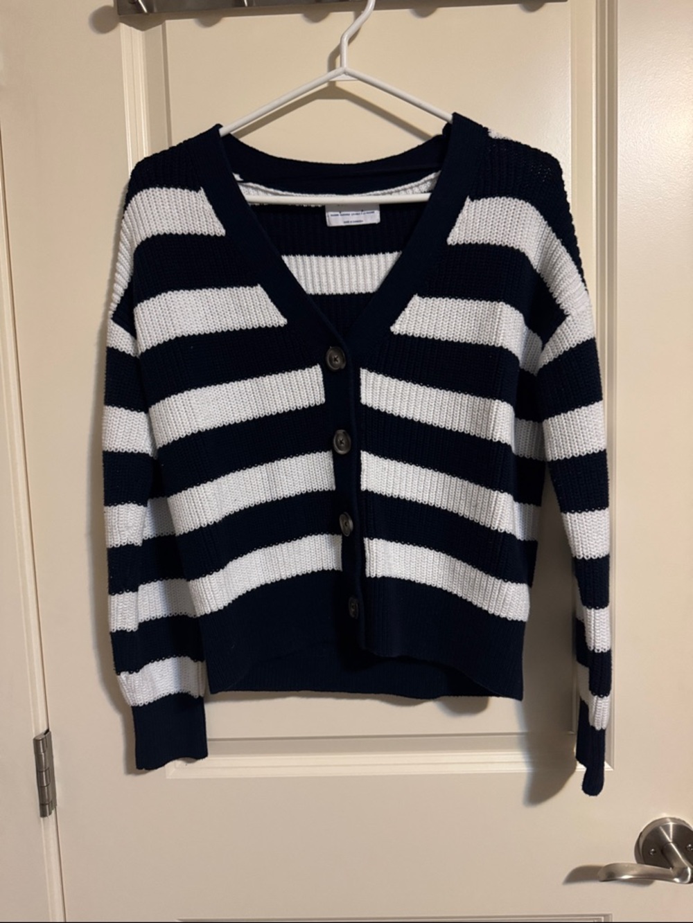 Old Navy Navy and White Striped V-Neck Button Cardigan